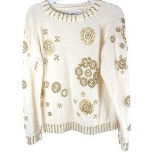 Vintage Eddie Dassin Ivory Gold Beaded Lambswool Angora Crew Sweater Size Large